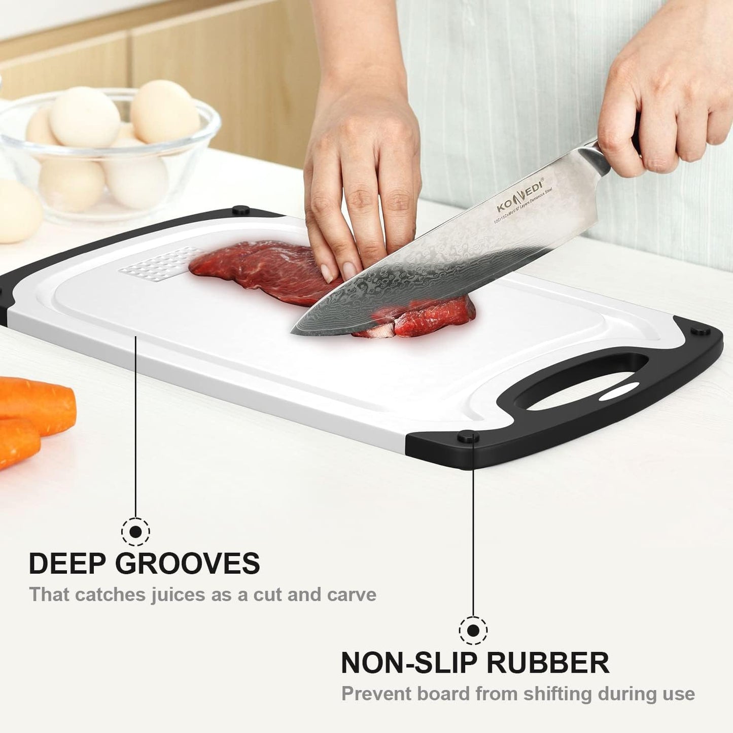 Viretang Plastic Cutting Boards Set of 3 Extra Large for Kitchen, Thick Chopping Board with Deep Juice Grooves, Non‑Slip Feet, Easy Grip Handle, BPA Free, Dishwasher Safe,Black