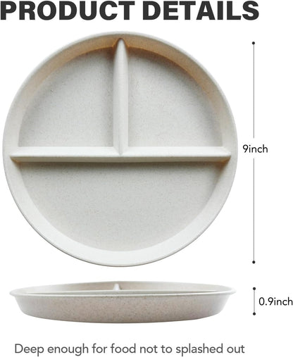 greenandlife 9 Inch 4PCS Portion Control Plates with Lids, Divided Plates for Kids Adults, Dishwasher Microwave Safe Compartment Plate, Unbreakable Lightweight Reusable Wheat Straw Plate, Earth Tone