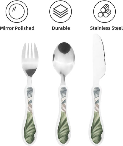 3-Piece Kids Silverware Set With Storage Case, Stainless Steel Reusable Children Safe Knife Spoon Fork Set Parrots On Branches Children Flatware Set For Kids Lunch Box