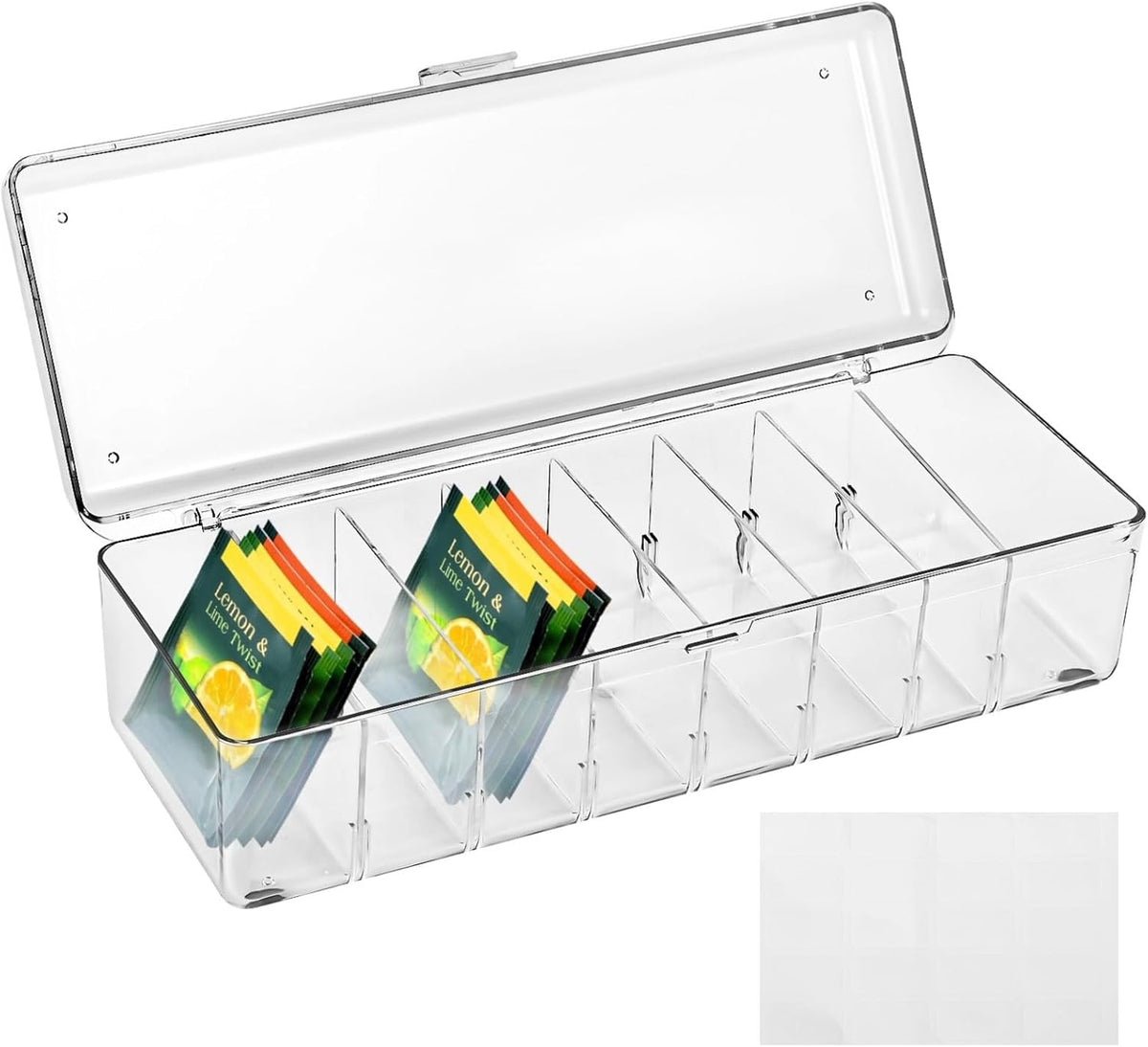 Generic Clear Tea Bag Holder with Lid, 8-Slot Tea Bag Organizer, Drink Packet Holder, Pantry Storage Divider Container with Label Stickers Zip Ties, Clear Beverage Bag Storage Bin for Kitchens Office