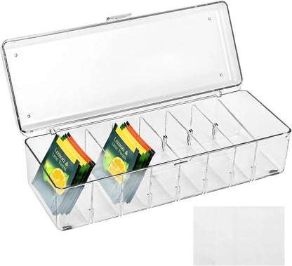 Generic Clear Tea Bag Holder with Lid, 8-Slot Tea Bag Organizer, Drink Packet Holder, Pantry Storage Divider Container with Label Stickers Zip Ties, Clear Beverage Bag Storage Bin for Kitchens Office
