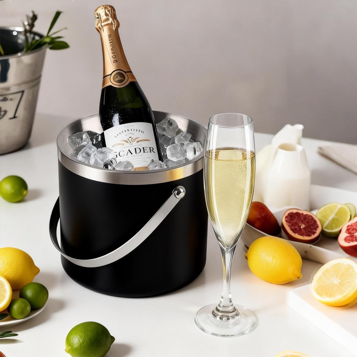 3L beige white Double Wall Insulated Stainless Steel Ice Bucket with scoop for Cocktail Bar,Metal Ice Bucket for freezer with Lid for parties.ice Container to Keep Ice Colder,bar cart accessories