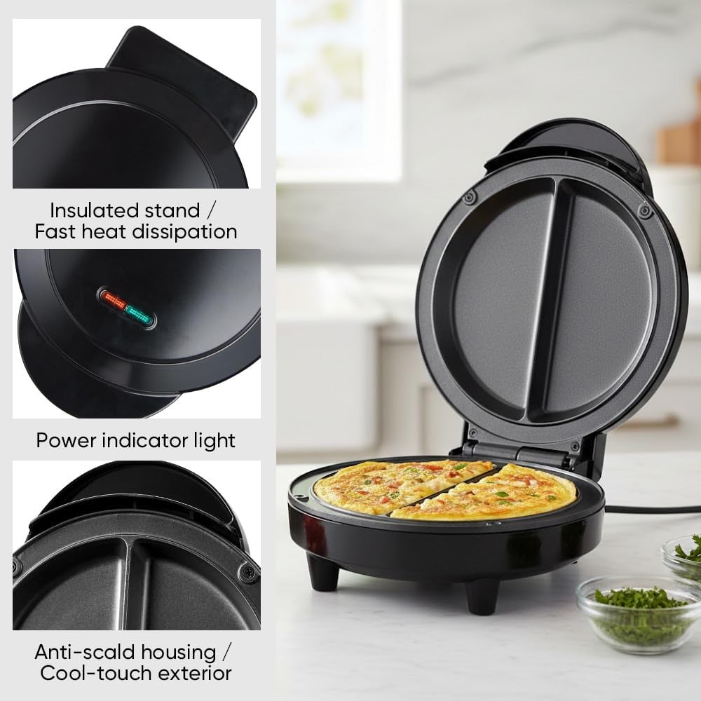 Dual Zone Electric Omelette Maker 2026|Non-Stick Double Omelet Pan with Fast Heating|Perfect for 2 Eggs,Breakfast Sandwiches,Frittatas|1000W Compact Kitchen Appliance (Black)