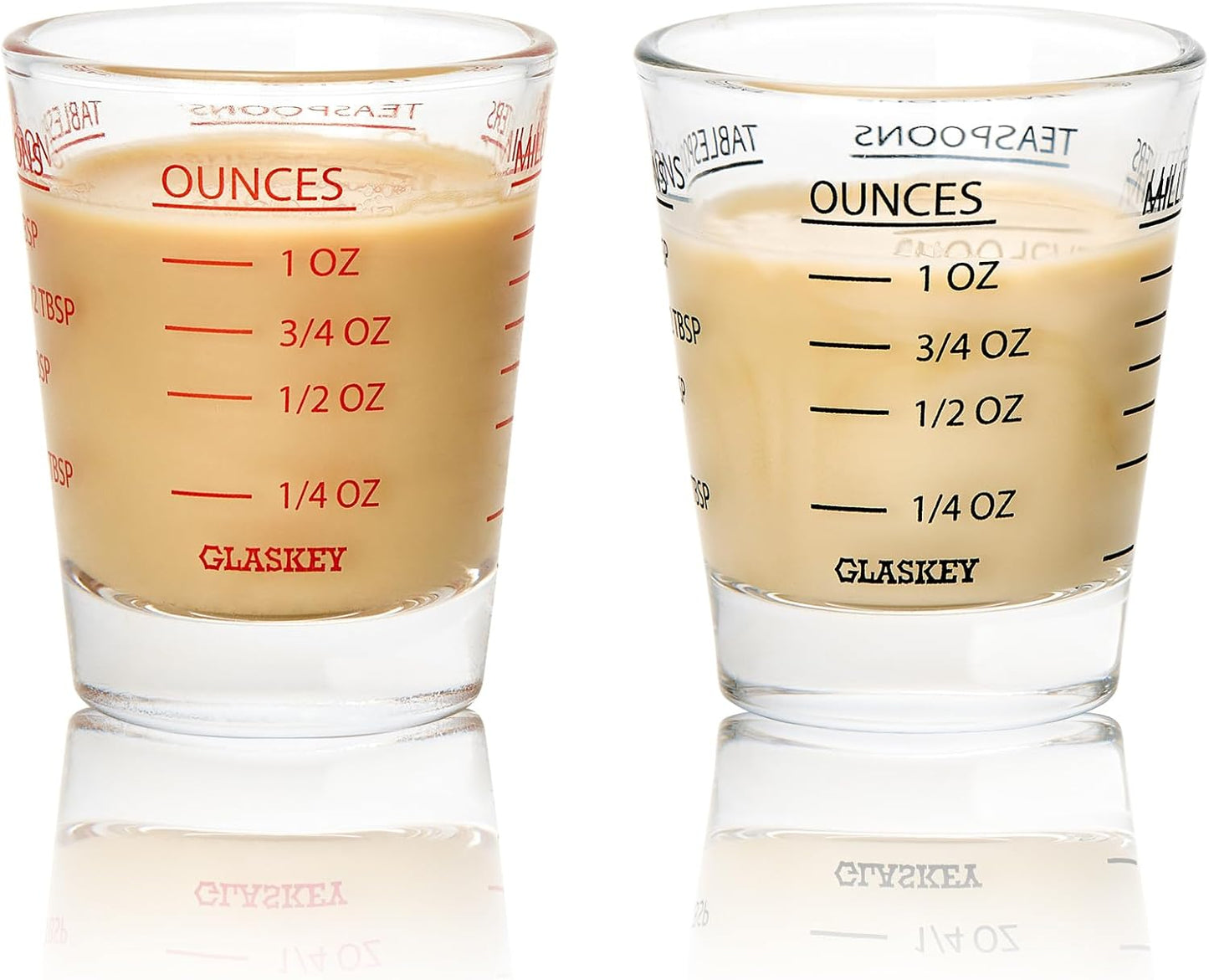 GLASKEY Shot Glasses Measuring Cup Set - 2 Pack Espresso Shot Glasses with Precise Measurement Marks,Heavy Duty Glass,Dishwasher Safe,Perfect for Coffee,Cocktails and Kitchen Use (Black & Red)