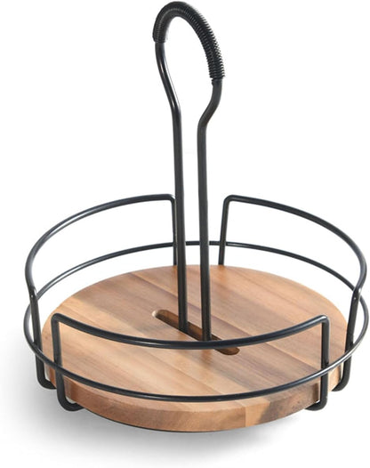 Mikasa Gourmet Basics Hanover Condiment Caddy with Rotating Caddy Organizer Design, Acacia Wood Insert - Durable, BPA-Free, Heavy-Gauge Carbon Structured Steel for Condiment Storage