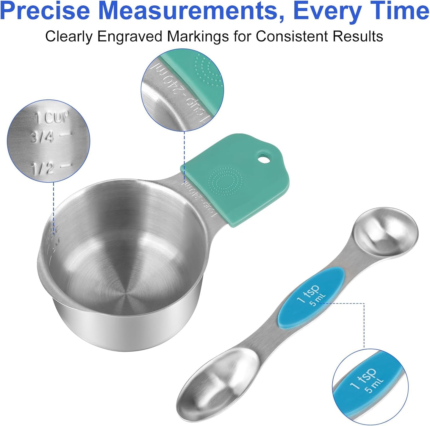 Magnetic Measuring Cups and Spoons Set, Strong N52 Magnets, Heavy Duty 304 Stainless Steel Fits in Spice Jars for Baking & Cooking, BPA Free, Round Set of 15 with Leveler Black