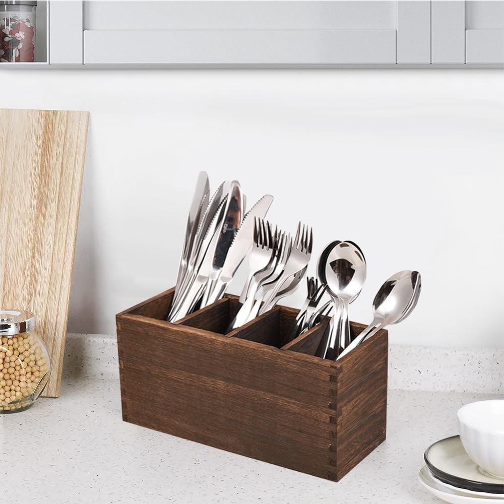 WuGeShop Wood Cutlery Caddy, Kitchen Utensil Organizer with 4 Compartments, Silverware Storage Kitchen Countertop Flatware Organizer