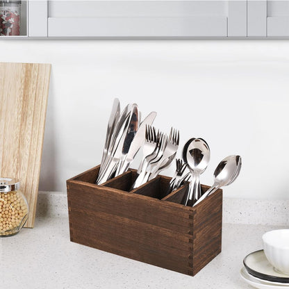 WuGeShop Wood Cutlery Caddy, Kitchen Utensil Organizer with 4 Compartments, Silverware Storage Kitchen Countertop Flatware Organizer