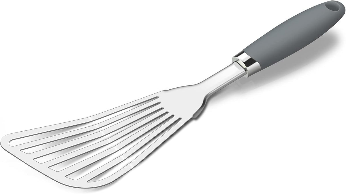 304 Stainless Steel Fish Spatula, Thin Flexible Slotted Turner | Non-Slip Ergonomic Handle, Metal Spatula for Fish, Eggs, Burgers, Cast Iron & Griddle, Black