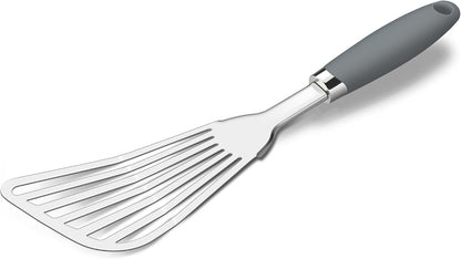 304 Stainless Steel Fish Spatula, Thin Flexible Slotted Turner | Non-Slip Ergonomic Handle, Metal Spatula for Fish, Eggs, Burgers, Cast Iron & Griddle, Black