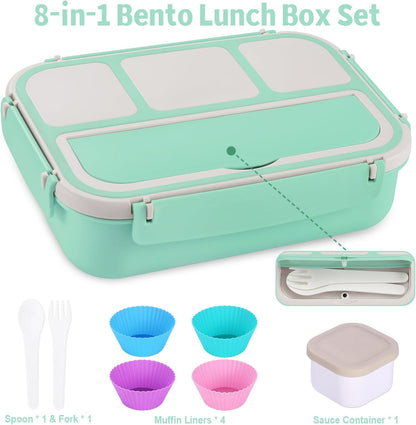 Bento Box Adult Lunch Box, Lunch Containers for Kids Girls Boys with 4 Compartments, Lunchable Food Container with Utensils, Sauce Jar, Muffin Liners, 40 Oz/5 Cup, Microwave Safe, Lavender