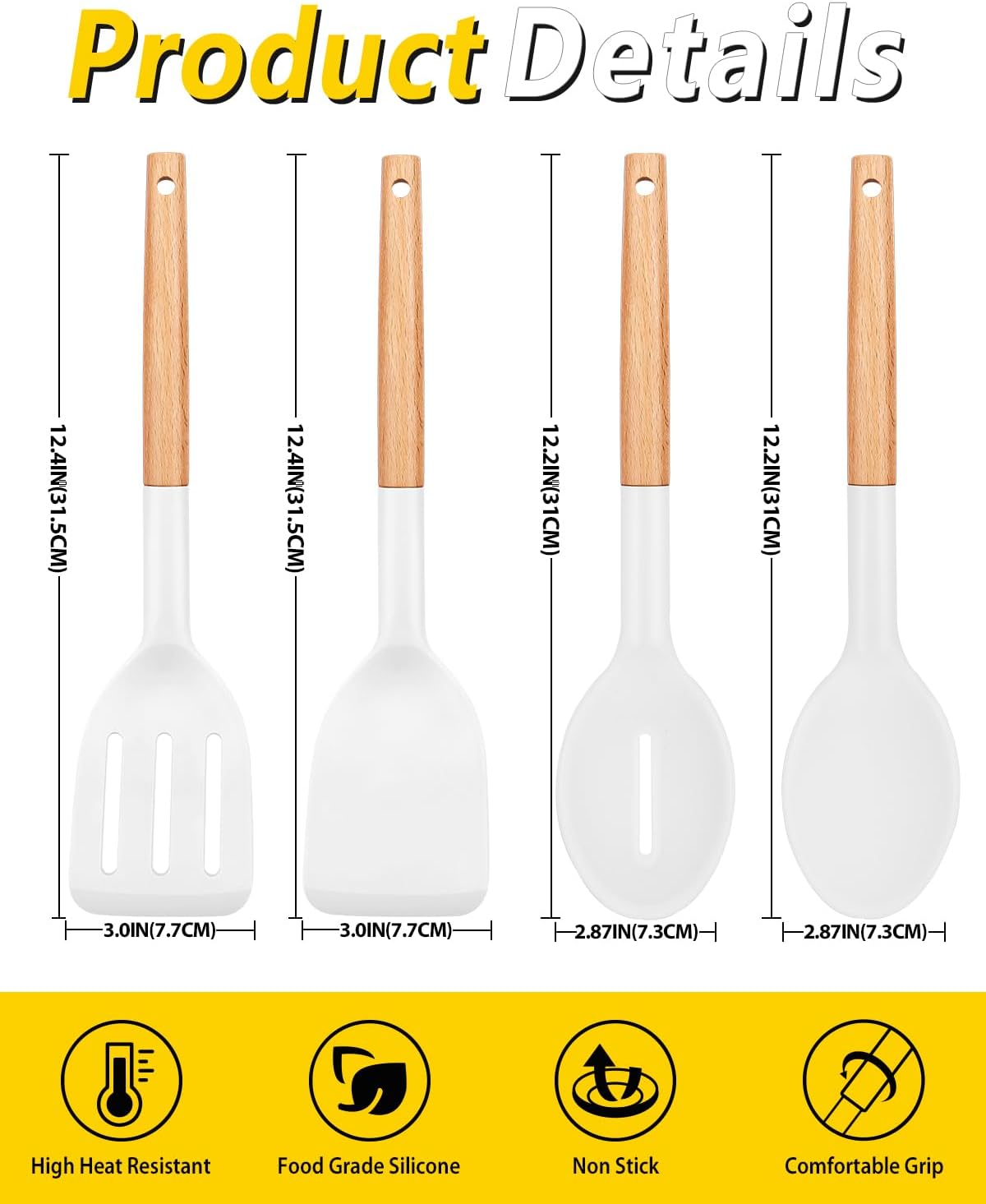 Pack of 4 Silicone Cooking Utensils Set, Non Stick Solid Spatulas and Heat Resistant Slotted Spoons with Wooden Handle, Ideal Wood Kitchen Utensils Set for Frying,Serving,Turning,Stirring (KHAKI)