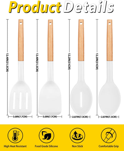 Pack of 4 Silicone Cooking Utensils Set, Non Stick Solid Spatulas and Heat Resistant Slotted Spoons with Wooden Handle, Ideal Wood Kitchen Utensils Set for Frying,Serving,Turning,Stirring (KHAKI)