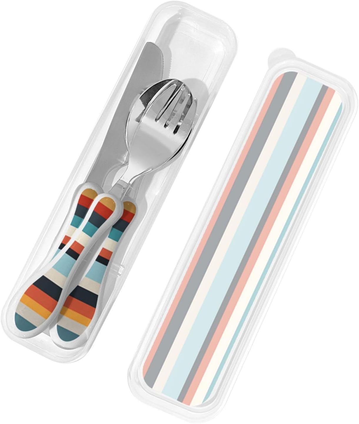 3-Piece Kids Silverware Set With Storage Case, Stainless Steel Reusable Children Safe Knife Spoon Fork Set Fashion Striped Children Flatware Set For Kids Lunch Box