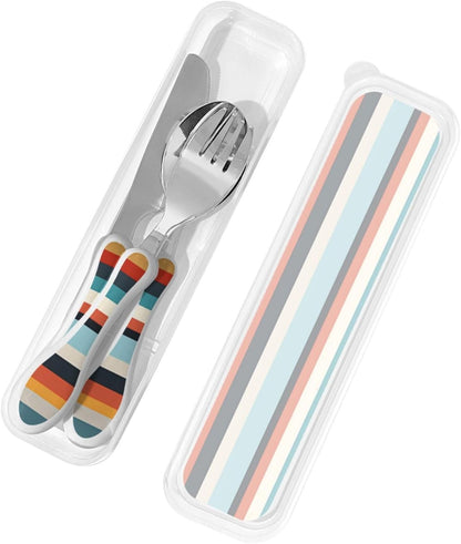 3-Piece Kids Silverware Set With Storage Case, Stainless Steel Reusable Children Safe Knife Spoon Fork Set Fashion Striped Children Flatware Set For Kids Lunch Box