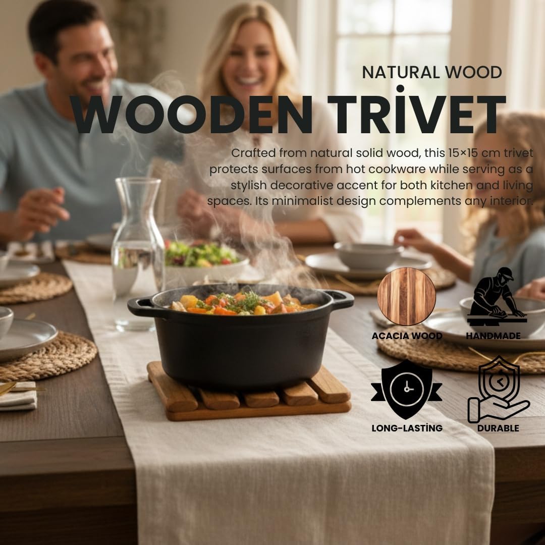 Wooden Trivet – Trivets for Hot Pots and Pans, Heat Resistant Solid Acacia Wood, Durable Kitchen & Table Protector, Premium Handmade – LO-MAS [5.9 × 5.9 in]