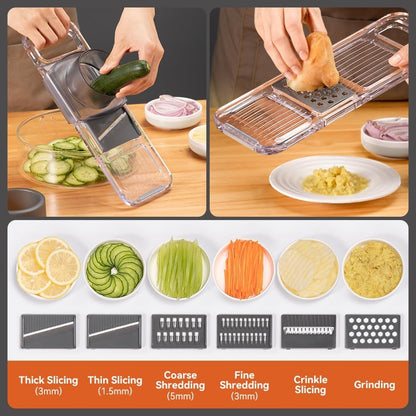 KEOUKE Transparent Multifunctional Mandoline Slicer - 6 Blades Interchangeable, Handheld Vegetable Cutter with Hand Guard for Kitchen, Onion, Garlic, Safe Food Slicer