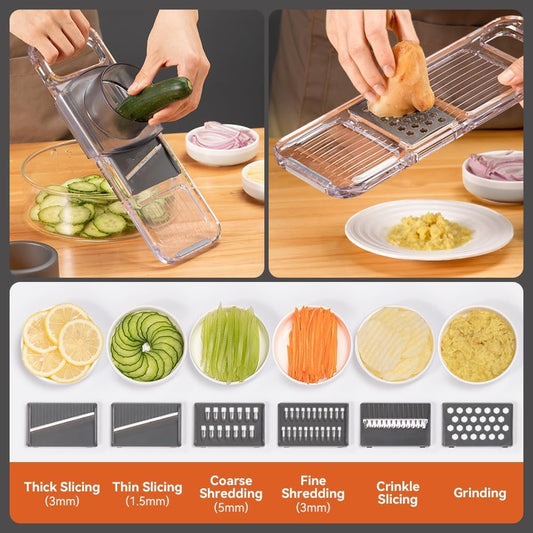 KEOUKE Transparent Multifunctional Mandoline Slicer - 6 Blades Interchangeable, Handheld Vegetable Cutter with Hand Guard for Kitchen, Onion, Garlic, Safe Food Slicer