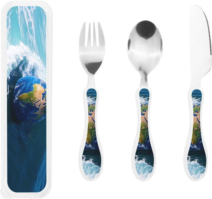 3-Piece Kids Silverware Set With Storage Case, Stainless Steel Reusable Children Safe Knife Spoon Fork Set Dreamy Jellyfish Print Children Flatware Set For Kids Lunch Box