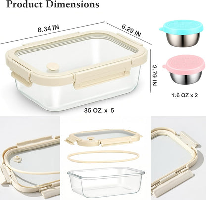 Glass Food Storage Containers with Glass Lids, Stainless Steel Salad Dressing Containers, Microwave-safe LeakProof Food Containers Set, 5-pack 35 oz（White）