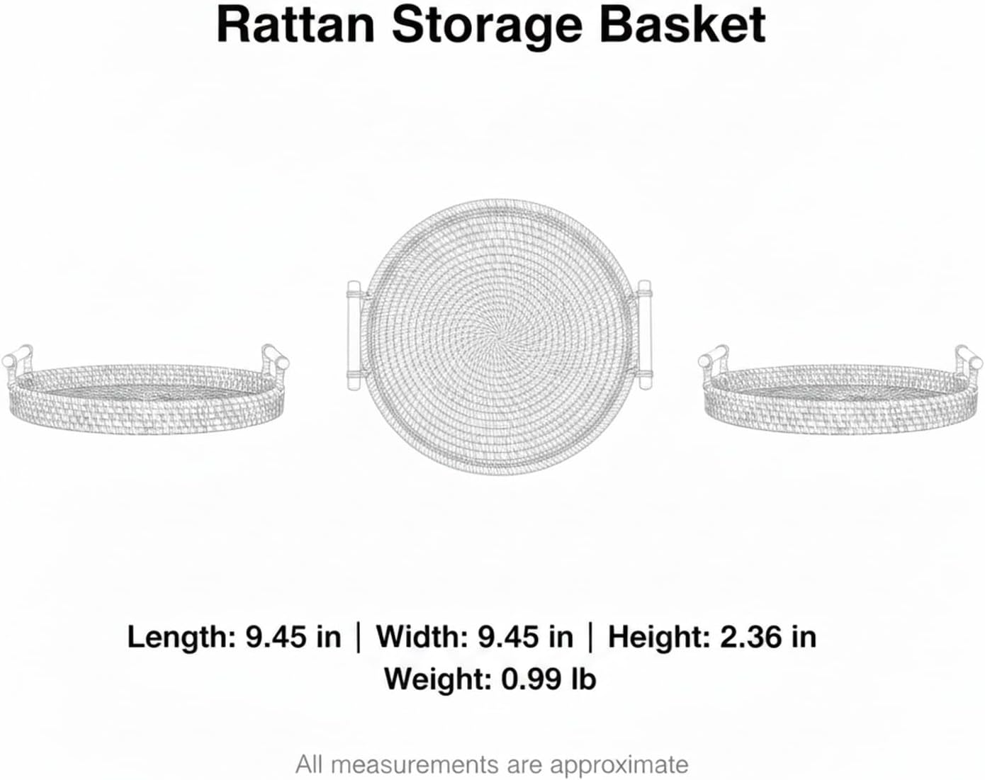 Hand Woven Rattan Basket with Wooden Handle, Natural Open Weave Storage Bin for Countertop Organization, Produce, and Snacks