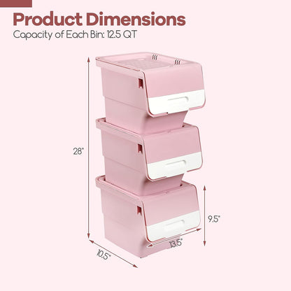 Giantex Plastic Stackable Storage Bins with Lids & Wheels, 3 Pack Open Front Stacking Bins, Organizer Bins for Pantry, Kitchen, Laundry, Closet, Playroom, Bedroom Organization (12.5 QT)