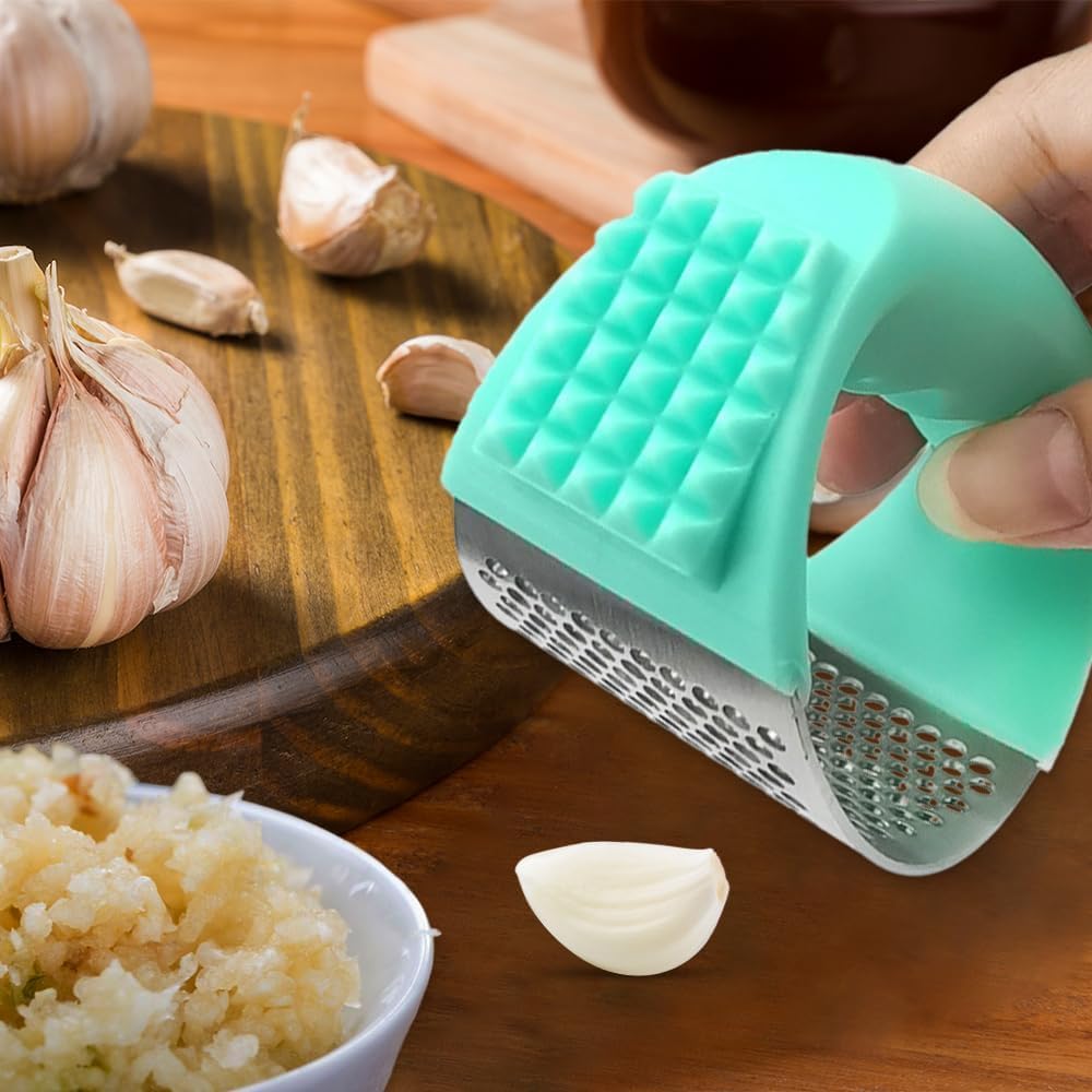 2025 New Upgraded Garlic Press Rocker, Stainless Steel Garlic Press, Garlic Crusher with Peeler and Cleaning Brush, Garlic Chopper for Crush Garlic Kitchen Gadgets, Kitchen Tools (Black)