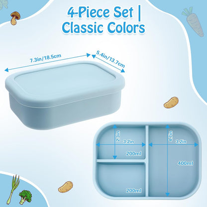 Honeydak 6 Pcs Silicone Bento Box Reusable Silicone Bento Lunch Container for Adults Microwave Dishwasher Freezer Safe 3 Compartment (Light Colors)