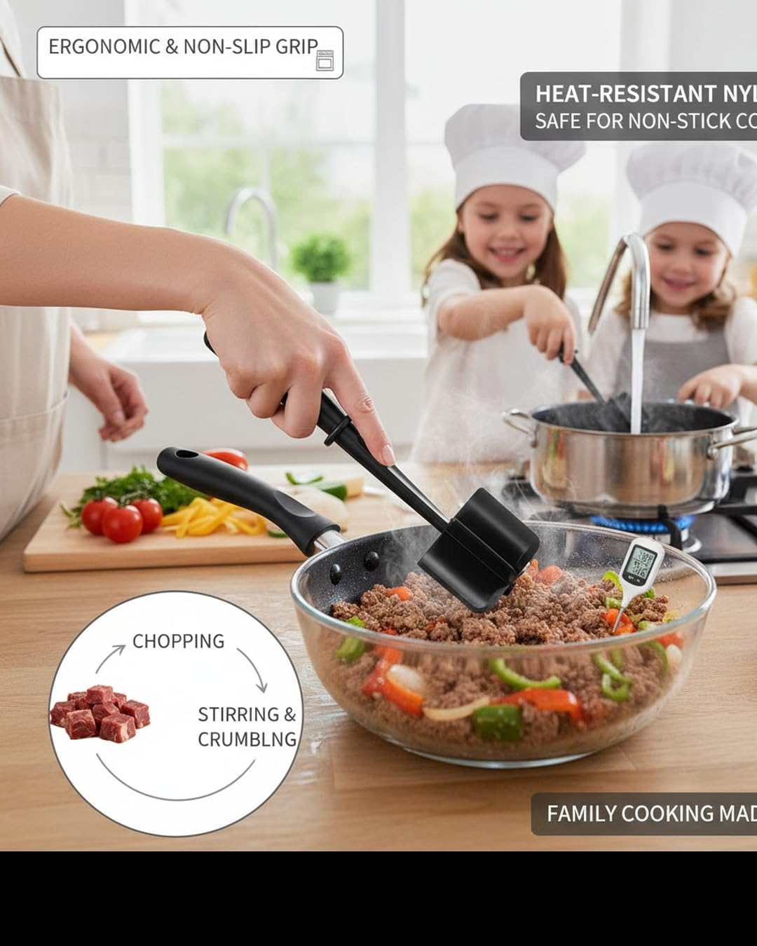 Hamburger Chopper,Meat Chopper,Potato Masher, Premium Heat Resistant Meat Masher for Ground Beef, Ground Turkey and More, Safe For Non-Stick Cookware