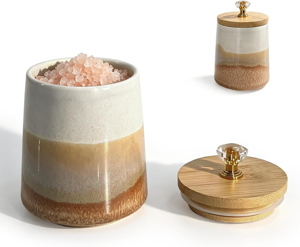 Ceramic Salt Cellar Bamboo Lid Spoon 3.5" Wide 12oz