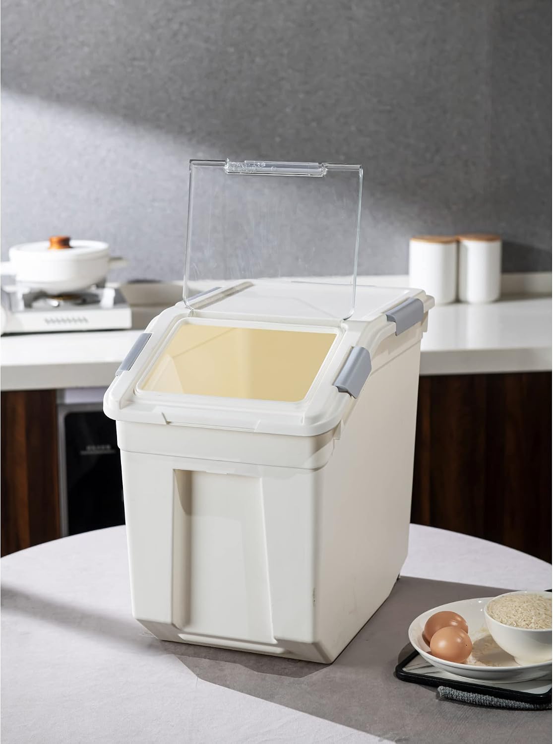HANAMYA 32.5 Liter / 35 lbs Pet Food Storage Container with Measuring Cup, BPA free, For Dog Food | Cat Food | Rice | Grain | Flour, White & Gray, 1 count