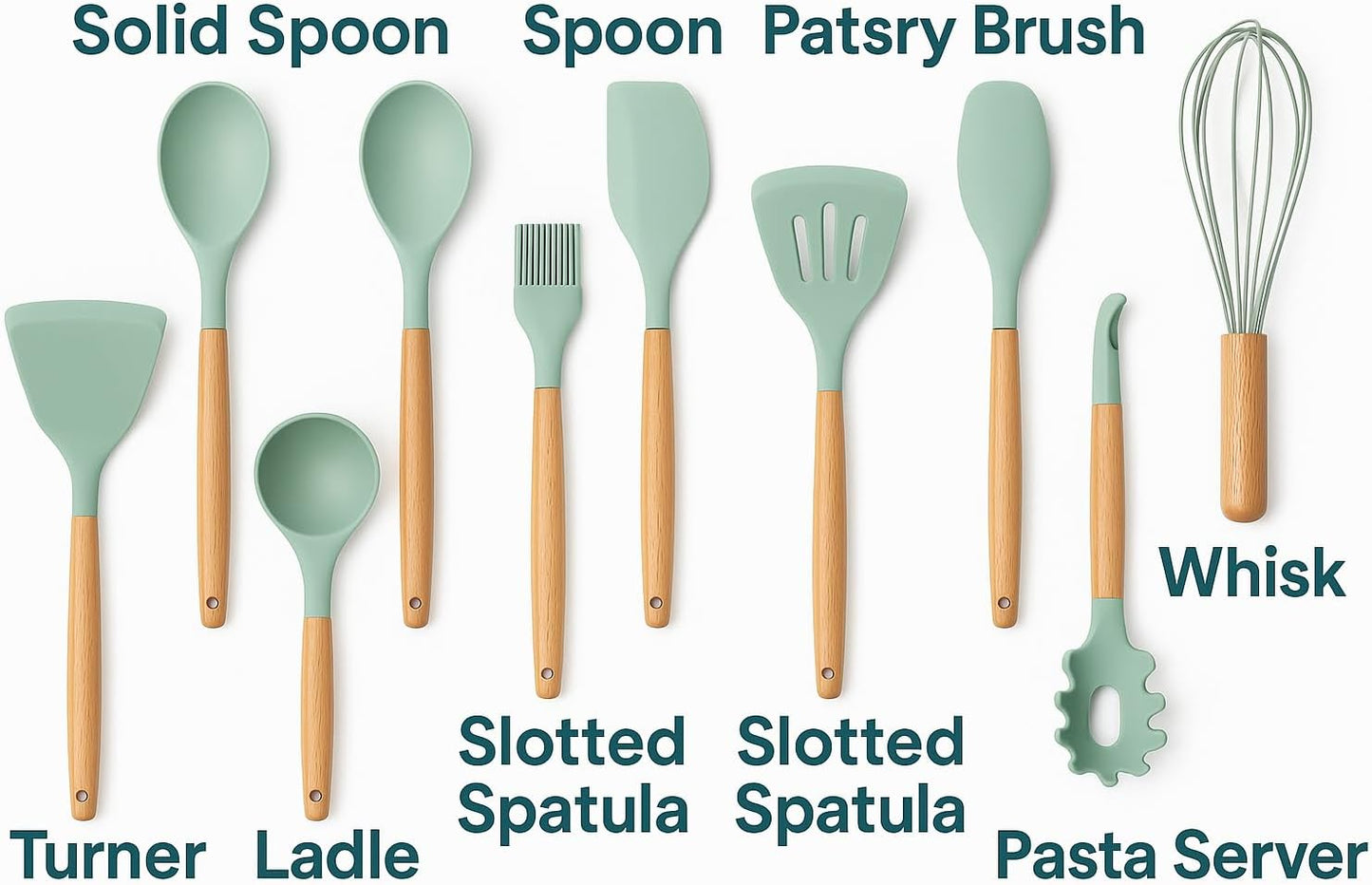 MaxLife Silicone Cooking Utensil Set with Holder, 12-Piece – Sage Green, Wooden Handles – Heat Resistant, Nonstick Safe Spatulas, Spoons, Turner, Tongs & Whisk – Premium Kitchen Tool Set