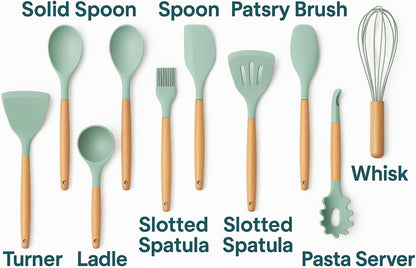 MaxLife Silicone Cooking Utensil Set with Holder, 12-Piece – Sage Green, Wooden Handles – Heat Resistant, Nonstick Safe Spatulas, Spoons, Turner, Tongs & Whisk – Premium Kitchen Tool Set