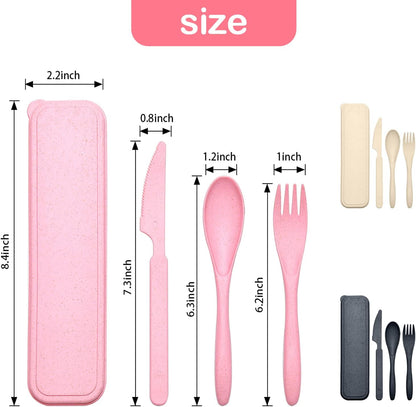 Reusable Travel Utensils Set with Case, 4 Sets Wheat Straw Portable Knife Fork Spoons Tableware, Eco-Friendly BPA Free Cutlery for Kids Adults Picnic Camping Utensils(Green, Beige, Pink, Blue)