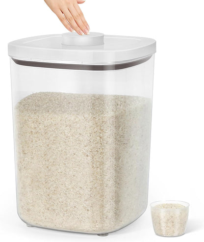TBMax Large Airtight Food Container 5.28 Qt with Pop Up Lid & Measuring Cup, Ideal for 10 Lbs of Rice or 7 Lbs of Flour, Square Short Food Storage Bin for Kitchen Pantry and Drawer Organization