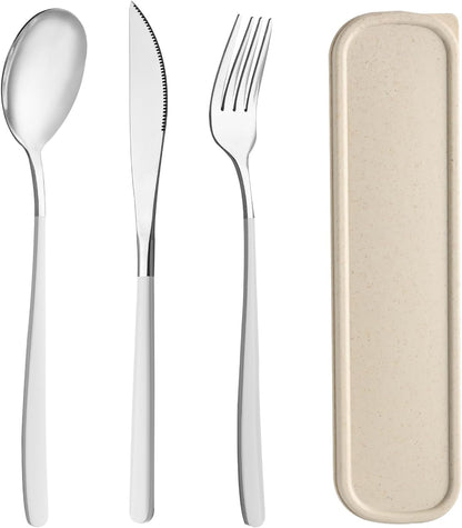 Travel Utensils with Case, 2 Sets Reusable Utensils Set with Case, Camping Utensil Set, Portable Silverware Lunch Utensils Set for Work Camping School(Beige, Pink)