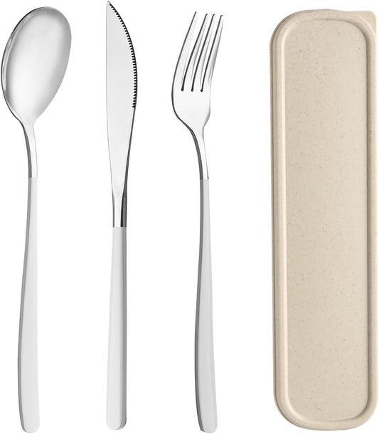 Travel Utensils with Case, 2 Sets Reusable Utensils Set with Case, Camping Utensil Set, Portable Silverware Lunch Utensils Set for Work Camping School(Beige, Pink)