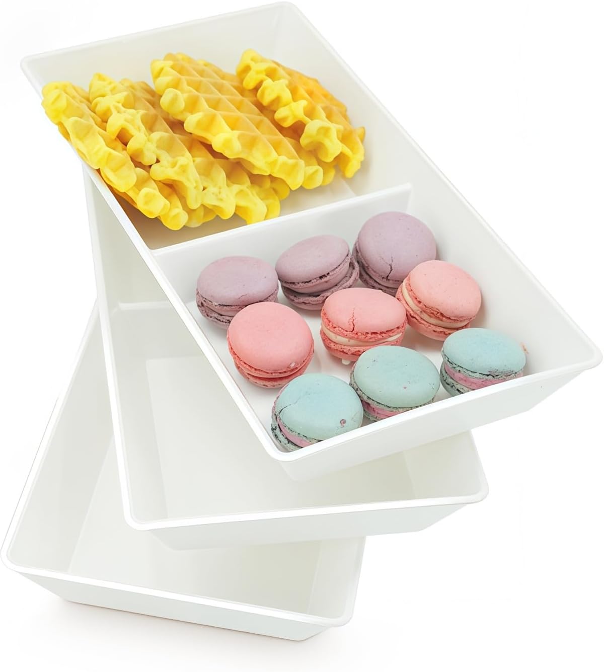 Divided Serving Tray Platter, 4 Pack 15" x 10" Fruit Veggie Food Tray for Party, Plastic Serving Trays for Appetizer, Snack, Dessert, Cookie, Brunch Decorations Platters, White Trays BPA-Free
