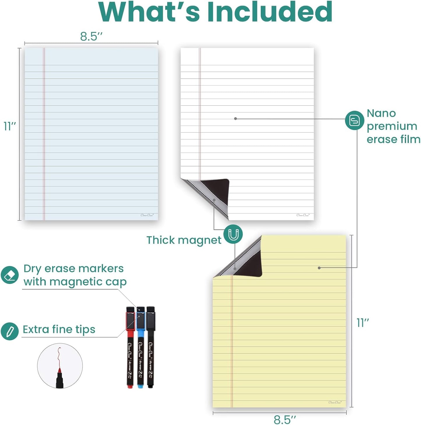 Magnetic Dry Erase Board - 8.5”x11” Dry Erase Whiteboard in 3 Colors - Reusable Blank Whiteboard for Fridge – 6 Dry Erase Markers Included