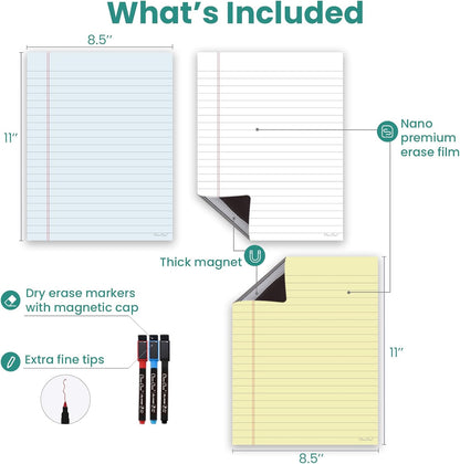 Magnetic Dry Erase Board - 8.5”x11” Dry Erase Whiteboard in 3 Colors - Reusable Blank Whiteboard for Fridge – 6 Dry Erase Markers Included