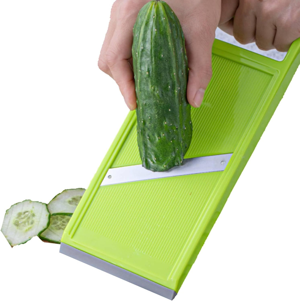 Handheld Potato Slicer & French Fry Cutter, Stainless Steel Manual Vegetable Slicer for Chips Homemade Fries Carrots Zucchini Easy Grip Green Slicer Chip Maker (4.25x10.8in)