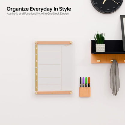Clear Glass Weekly Dry Erase Calendar & Menu Non-Magnetic Whiteboard for Wall, Meal Plan & Grocery List White Board for Kitchen, 15x11, 7 Days Home Planner, 4 Wet Erase Markers Included, Yeoux