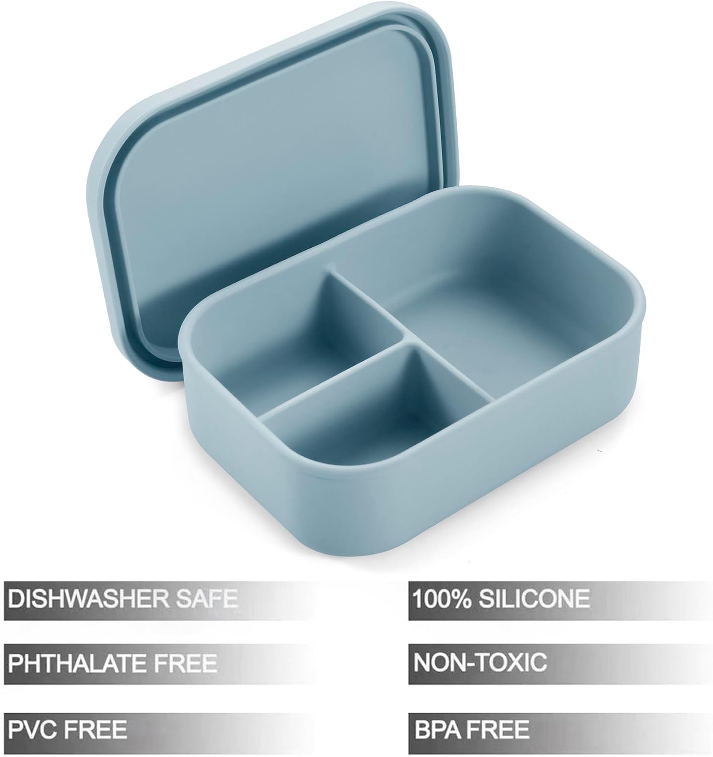 PandaEar 3-Compartment Silicone Bento Box for Toddlers & Kids - BPA-Free Food-Grade Meal Prep Container - Durable & Easy-Open Small Lunch Box for Daycare, Travel & Picnic, Blue