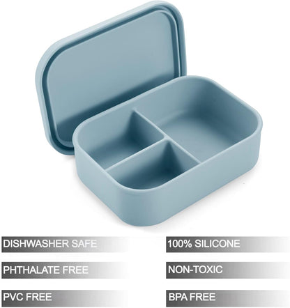 PandaEar 3-Compartment Silicone Bento Box for Toddlers & Kids - BPA-Free Food-Grade Meal Prep Container - Durable & Easy-Open Small Lunch Box for Daycare, Travel & Picnic, Blue