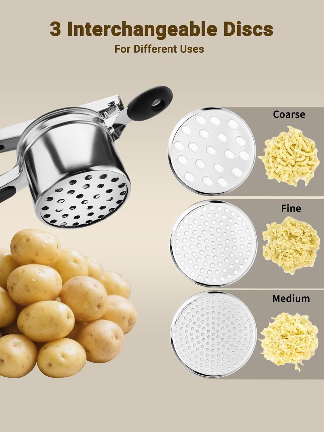 Heavy Duty Potato Ricer, Large 22oz Potato Masher, Stainless Steel Press and Mash Kitchen Gadget for Mashed Potatoes, Spaetzle Maker with Silicone Handle
