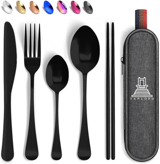 Taplord Portable Travel Silverware Set With Case, Includes 10 Pcs of Travel Utensils With Case, Stainless Steel Flatware Set For Camping, Lightweight (Multi-Color)