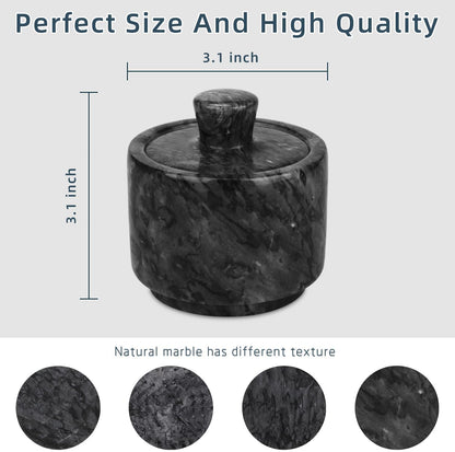 Marble Salt Cellar with Lid, White and Black Stone Salt and Pepper Bowl Box Container Jar Holder Well Keeper Dish Pig Crock