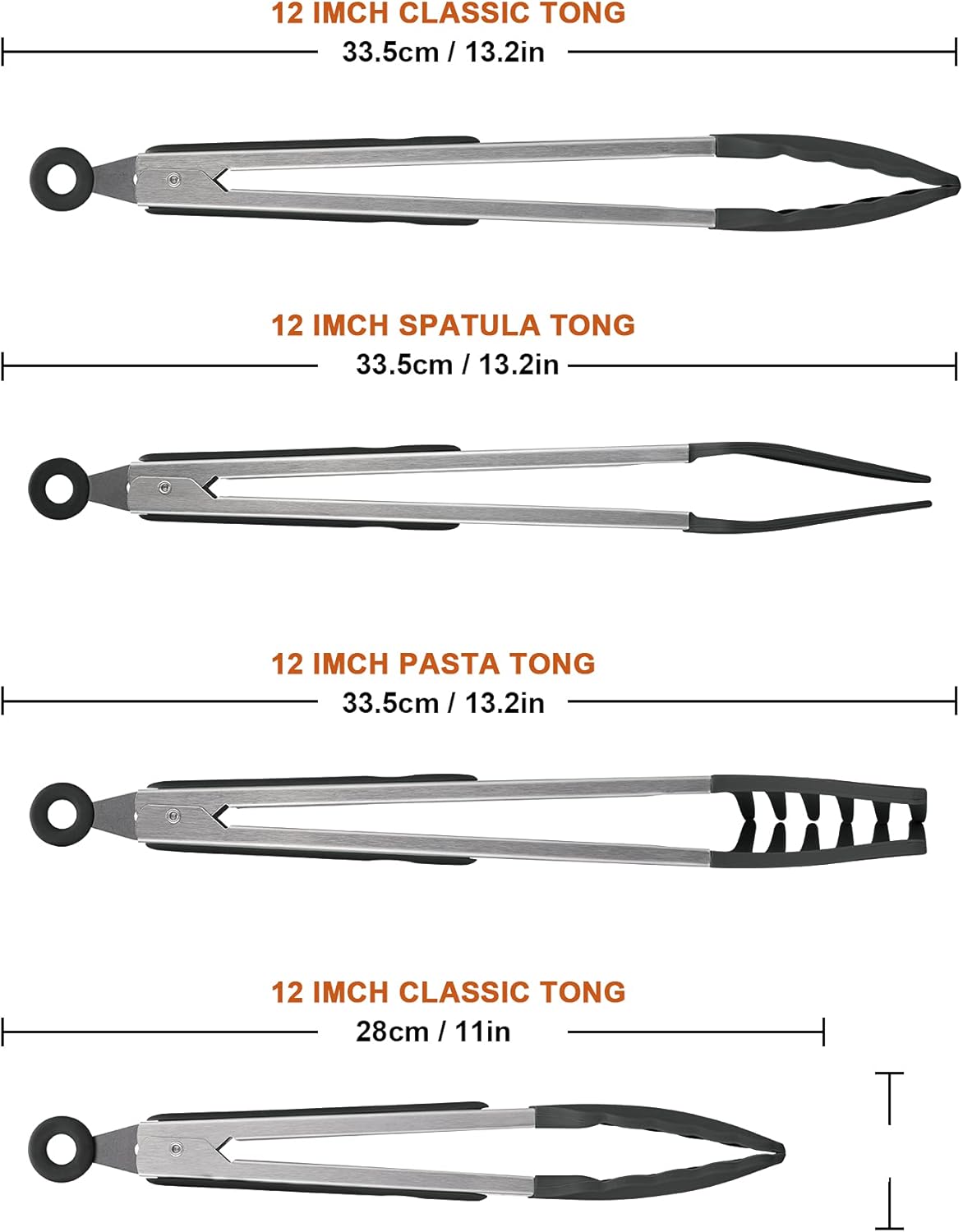 4in1 Stainless Steel Kitchen Food Tongs Set for Cooking with Silicone Tips, Toaster Steak Pie Pizza Pasta Spaghetti Noodles Salad Fruit Vegetable Grill BBQ Buffet Clamp Serving Tools Gadgets