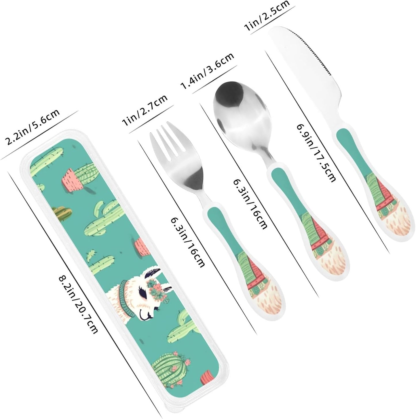 3-Piece Kids Silverware Set With Storage Case, Stainless Steel Reusable Children Safe Knife Spoon Fork Set Alpaca Cactus Children Flatware Set For Kids Lunch Box
