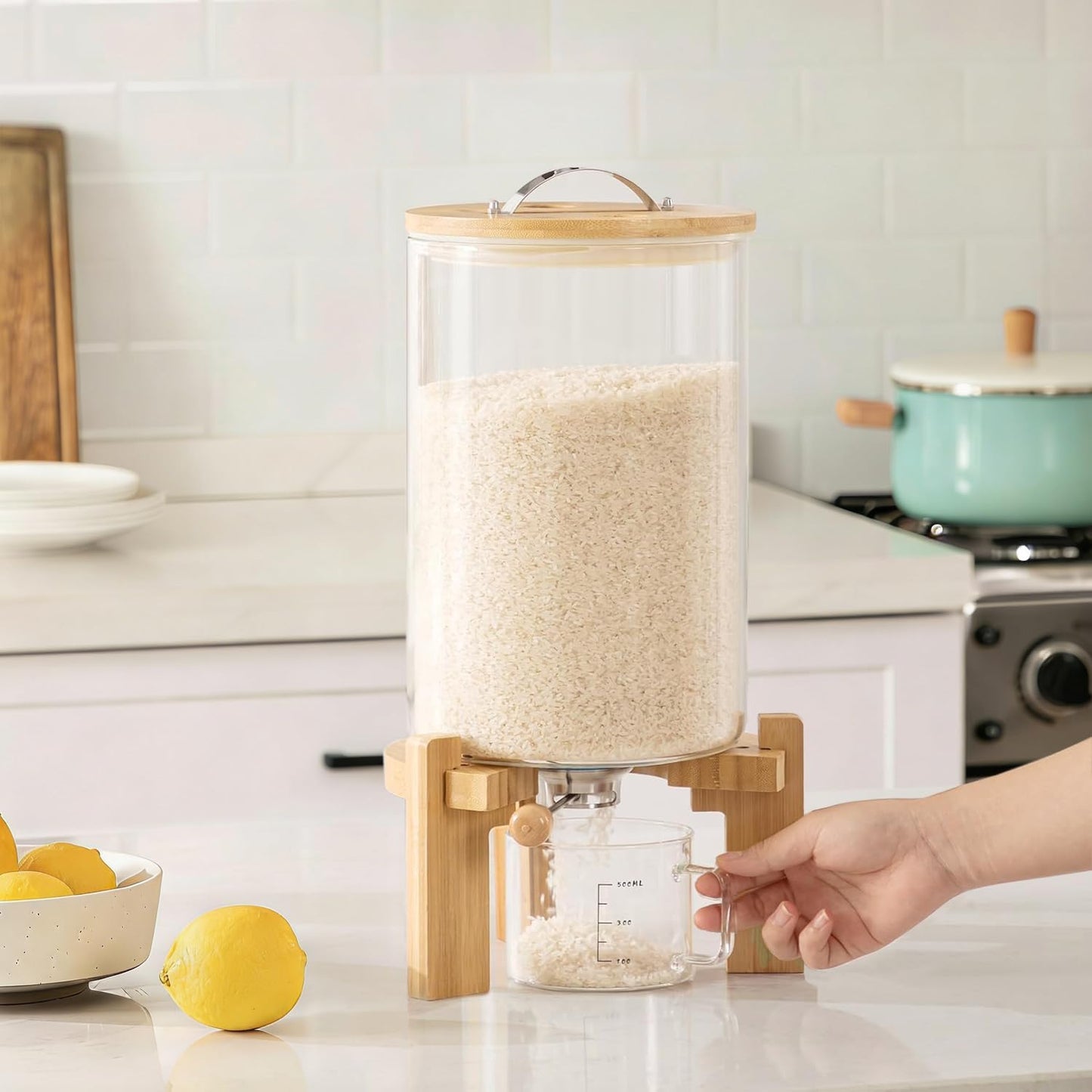 HBlife 5-7 Lbs Glass Rice Dispenser with Wooden Stand Flour and Cereal Container with Glass Measuring Cup Pantry Food Organization Storage Bin with Airtight Bamboo Lid, 3L